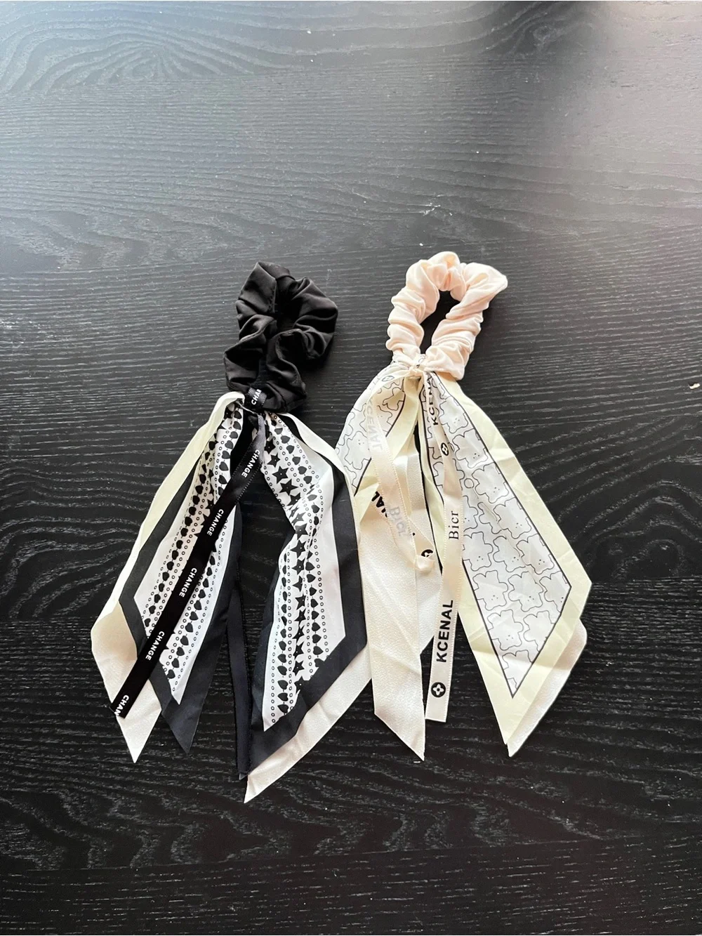 Black and Blush Scarf Scrunchie Hair Ties Set Bow Ribbon Black White Cream Lot